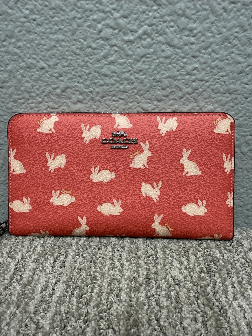 Coach Coral Zip Wristlet Wallet with Cream Bunny Print